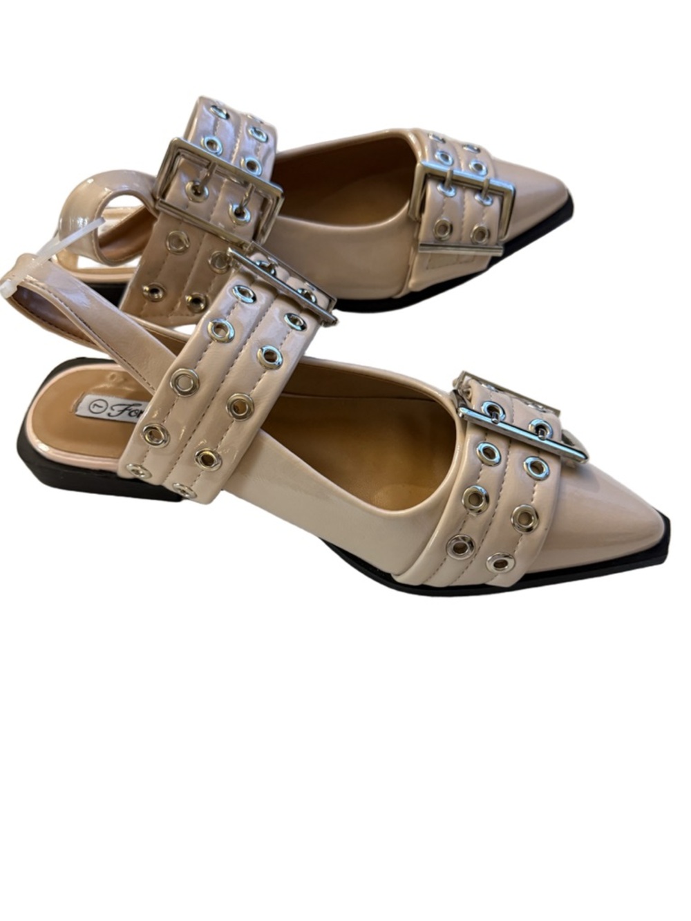 Forever Link Beige Patent Pointed Slingback Flats with Buckle Straps